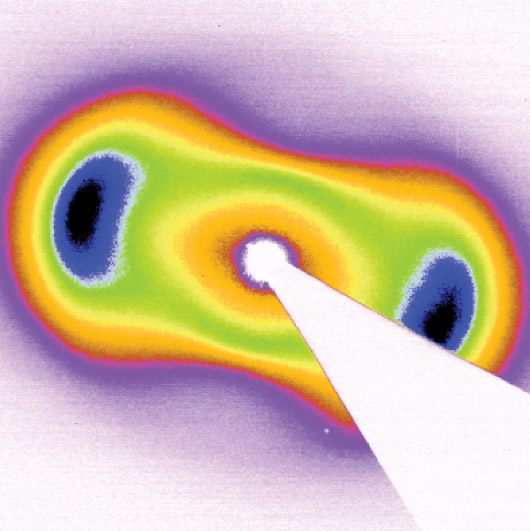 X-ray scattering pattern of the biaxial nematic phase of goethite, oriented with its longest axis along the X-ray beam