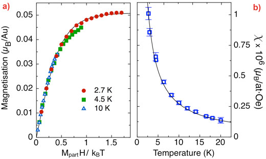 XMCD curves and magnetic susceptibility of Au nanoparticles on S layer ghosts