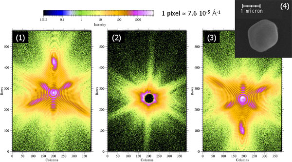 (1), (2) and (3): 2-Dimensional coherent diffraction patterns measured on a 