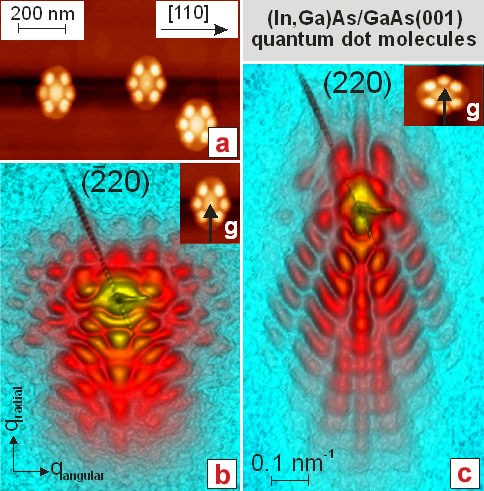 Atomic force micrograph and grazing-incidence diffraction of hexapod-like (In,Ga)As/GaAs(001) quantum dot molecules.  