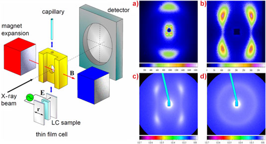 X-ray diffraction setup (left) and diffraction patterns from the N phase at T=150°C with the thin film sample aligned by a magnetic (B) or electric (E) field applied either perpendicular to the beam direction or parallel to it.